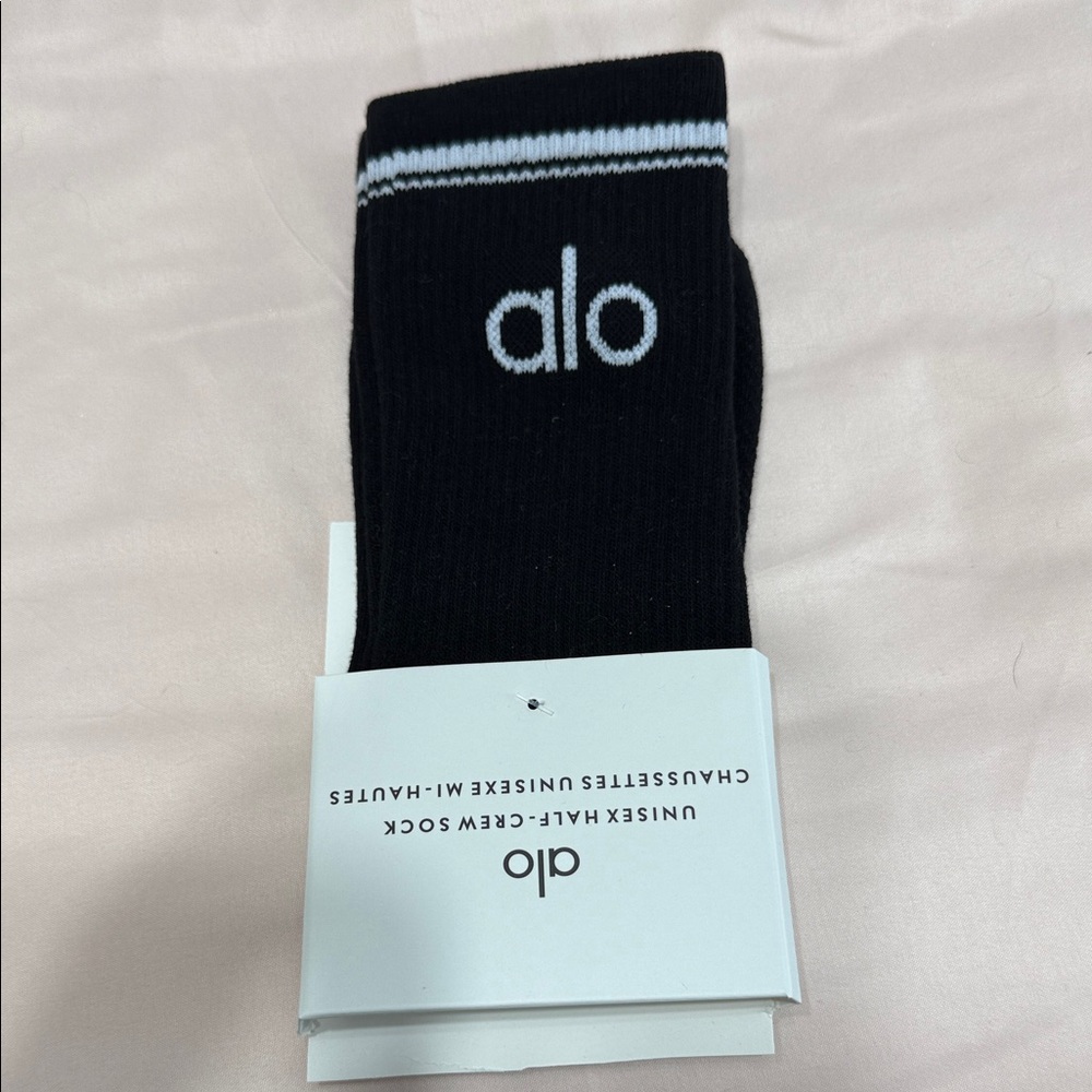 ALO Yoga Black Crew Socks with White Stripe and Logo